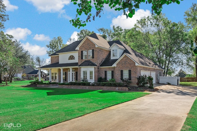 view of front of home with a porch and a front lawn