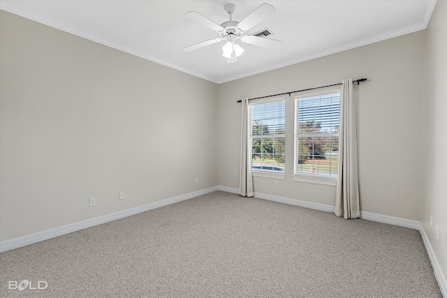 spare room with crown molding, ceiling fan, and light colored carpet