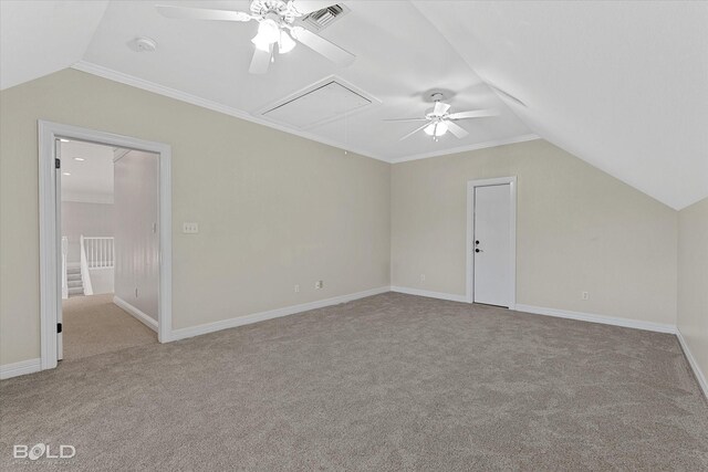 bonus room with ceiling fan, light colored carpet, and lofted ceiling