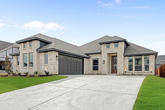 prairie-style home featuring fence, an attached garage, a shingled roof, a front lawn, and concrete driveway