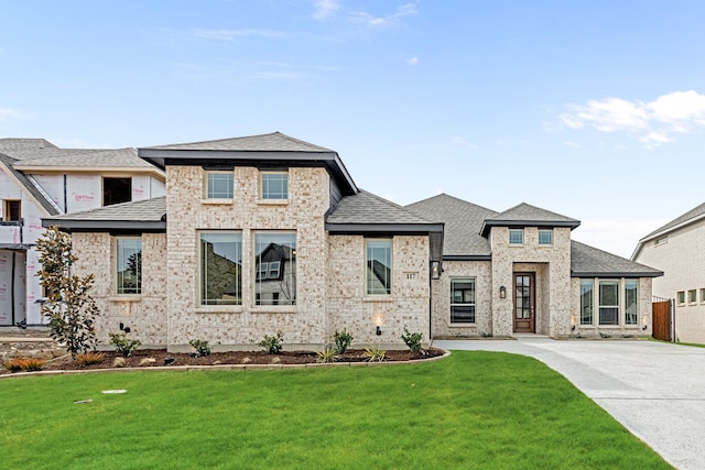 view of front facade with driveway, a front lawn, and a shingled roof