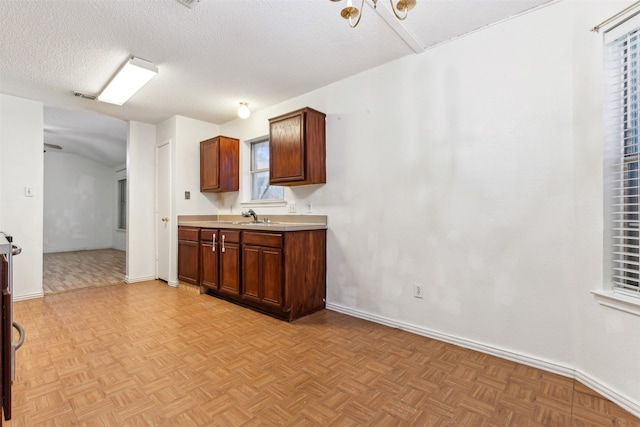 kitchen with sink, a textured ceiling, and light parquet floors