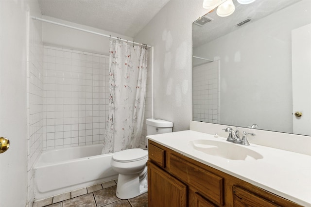 full bathroom with shower / tub combo, vanity, a textured ceiling, tile patterned floors, and toilet