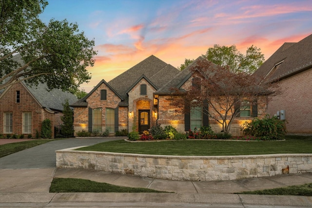 french provincial home featuring brick siding, driveway, stone siding, a lawn, and roof with shingles