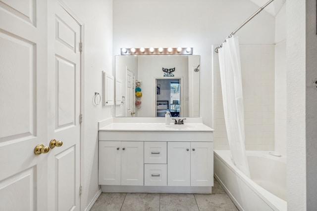 bathroom with vanity, shower / tub combo, and tile patterned flooring