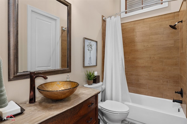 full bathroom featuring vanity, toilet, and shower / bathtub combination with curtain