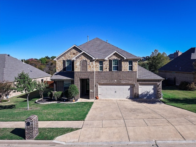 view of front of property with a garage and a front lawn