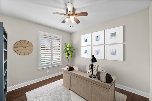 home office featuring dark hardwood / wood-style floors and ceiling fan