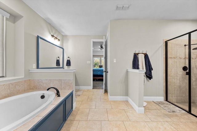 bathroom featuring ceiling fan, shower with separate bathtub, and tile patterned flooring