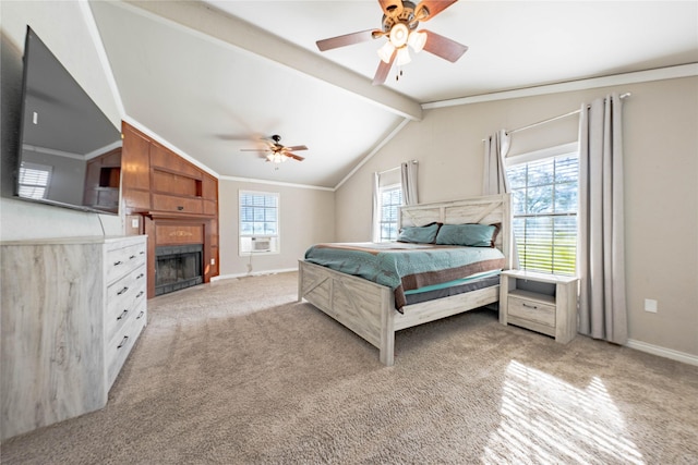 bedroom featuring vaulted ceiling with beams, light colored carpet, ceiling fan, and ornamental molding