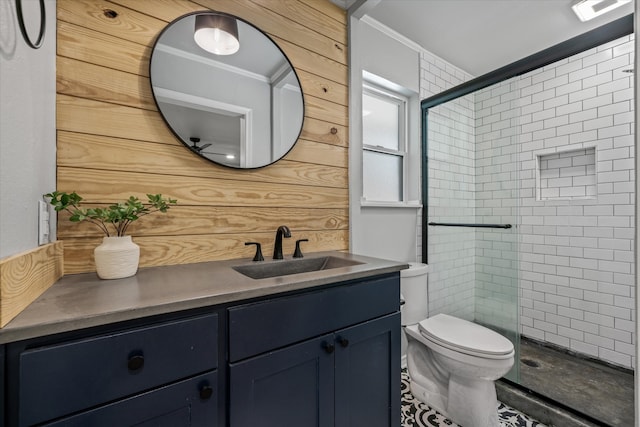 bathroom featuring walk in shower, wooden walls, and ornamental molding