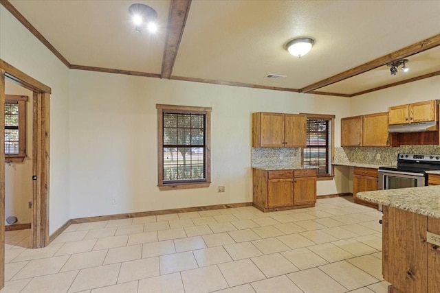 kitchen featuring crown molding, backsplash, beam ceiling, and stainless steel range with electric cooktop