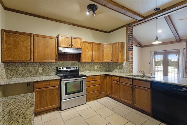 kitchen featuring sink, light stone counters, stainless steel electric range oven, dishwasher, and pendant lighting