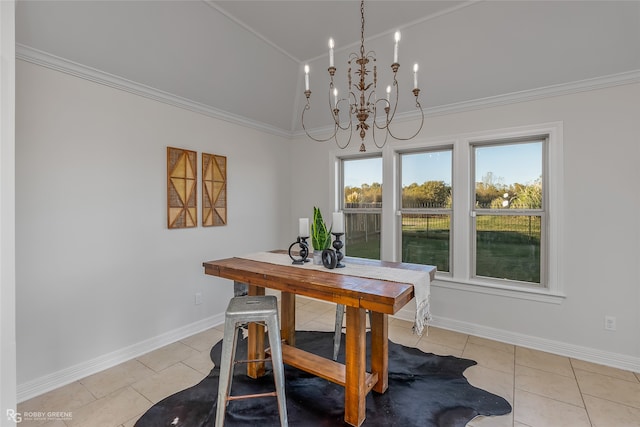 tiled dining space with a chandelier, lofted ceiling, and ornamental molding