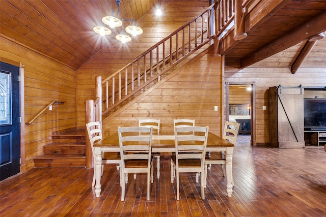 unfurnished dining area with dark wood-type flooring, wooden ceiling, a barn door, lofted ceiling, and wooden walls