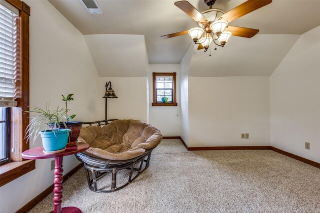 bonus room featuring carpet, vaulted ceiling, and ceiling fan