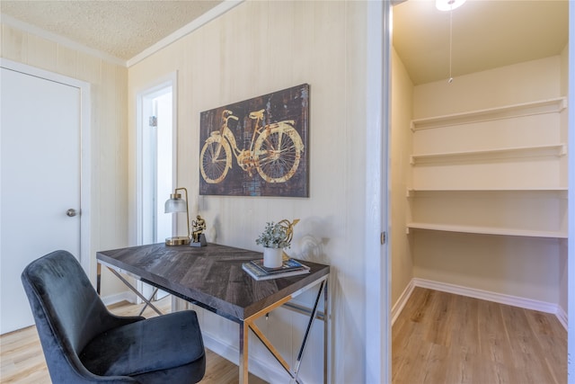 office area featuring ornamental molding, a textured ceiling, and light wood-type flooring