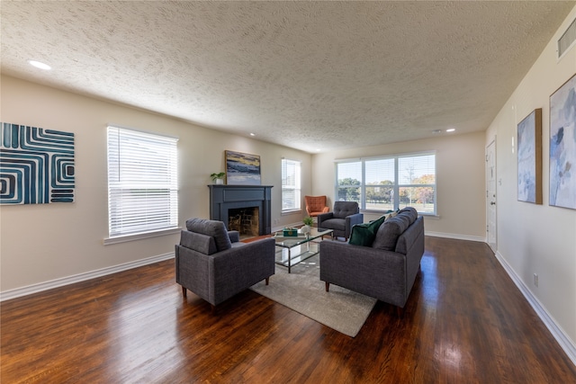 living room with a textured ceiling and dark hardwood / wood-style flooring