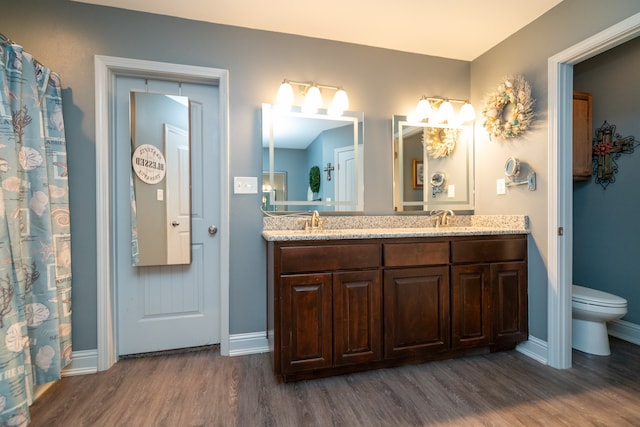 bathroom with wood-type flooring, vanity, and toilet