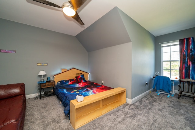 carpeted bedroom with ceiling fan and lofted ceiling