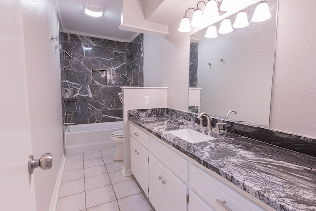 full bathroom featuring vanity, tile patterned floors, tiled shower / bath combo, toilet, and ornamental molding