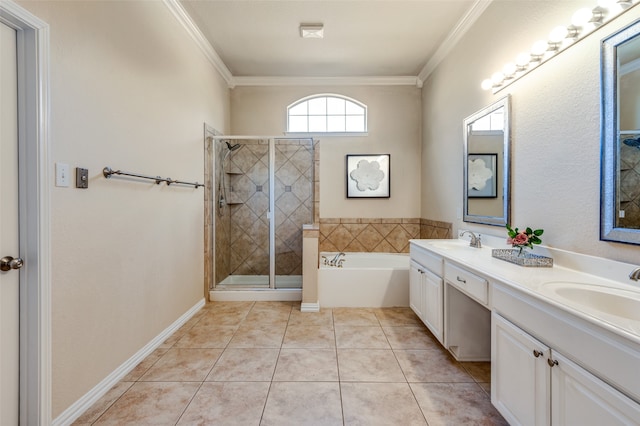 bathroom with tile patterned flooring, ornamental molding, and independent shower and bath