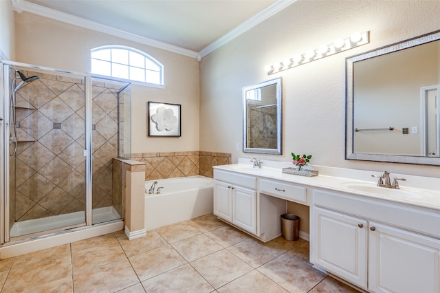 bathroom featuring tile patterned flooring, vanity, ornamental molding, and shower with separate bathtub