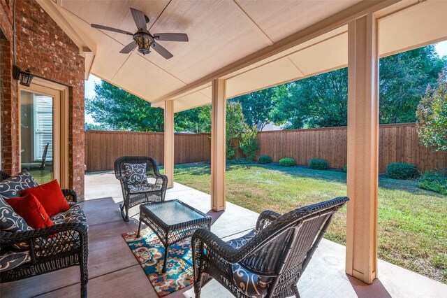 view of patio with ceiling fan and an outdoor hangout area