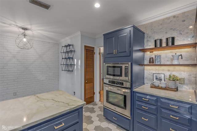 kitchen with appliances with stainless steel finishes, blue cabinets, and ornamental molding