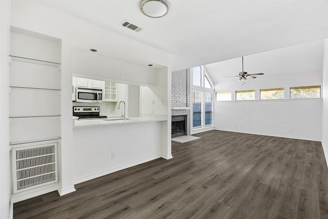 unfurnished living room featuring ceiling fan, lofted ceiling, sink, and dark wood-type flooring