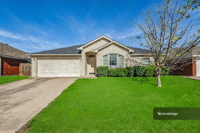 ranch-style house featuring a front yard and a garage