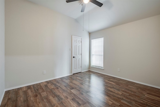 unfurnished room featuring ceiling fan, high vaulted ceiling, and dark hardwood / wood-style floors