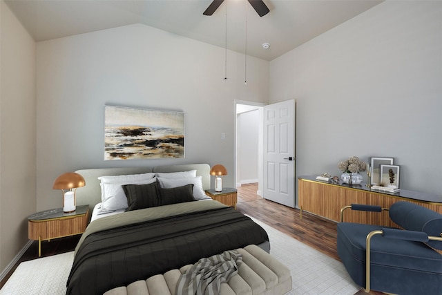 bedroom with ceiling fan, high vaulted ceiling, and light wood-type flooring