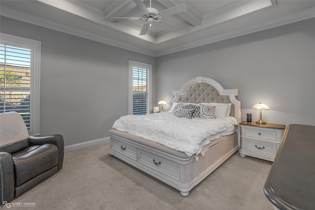 carpeted bedroom with beam ceiling, ceiling fan, crown molding, and coffered ceiling