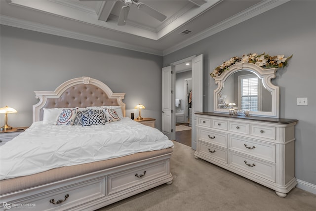 carpeted bedroom featuring ceiling fan and ornamental molding