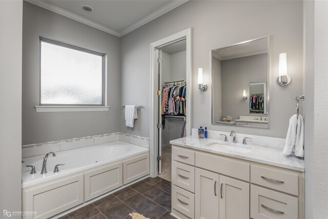 full bathroom with a garden tub, tile patterned flooring, vanity, a spacious closet, and crown molding