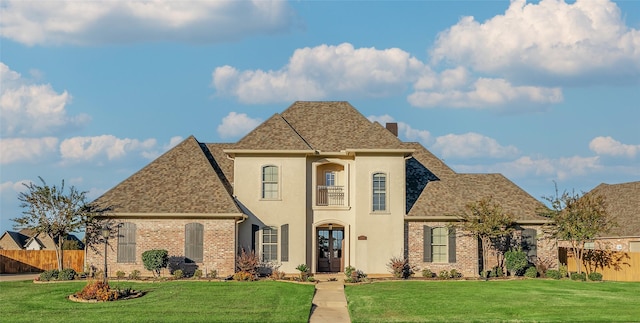 french country style house featuring brick siding, fence, a chimney, and a front lawn