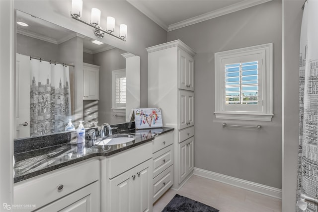 full bathroom featuring tile patterned flooring, vanity, baseboards, ornamental molding, and a shower with curtain