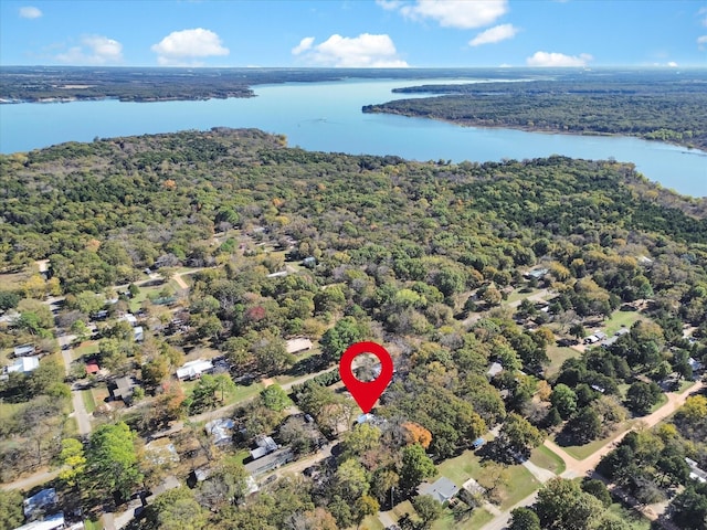 bird's eye view featuring a water view and a view of trees