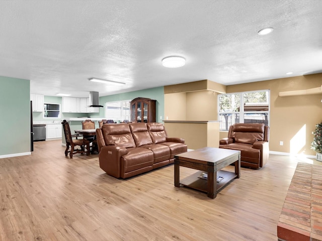 living area with light wood-type flooring, plenty of natural light, baseboards, and a textured ceiling