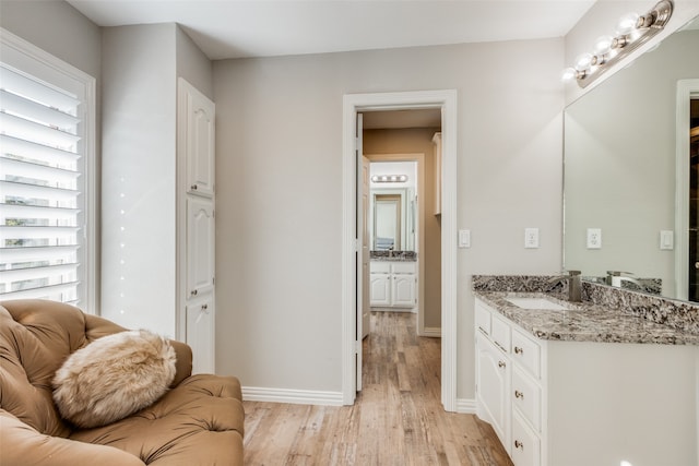 bathroom featuring plenty of natural light, vanity, and hardwood / wood-style flooring