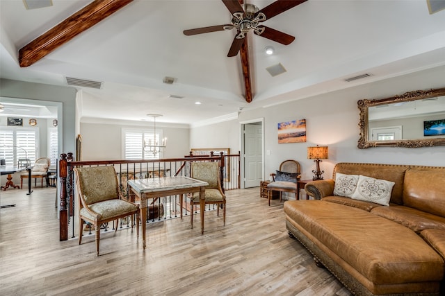 living room with light hardwood / wood-style flooring, lofted ceiling with beams, and ceiling fan with notable chandelier