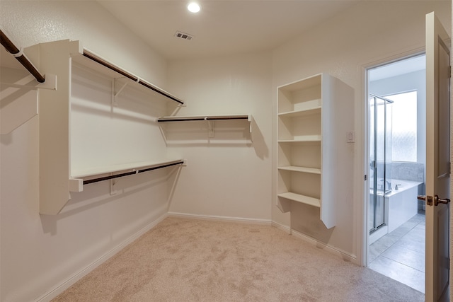 spacious closet featuring light colored carpet