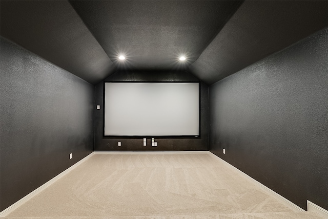 cinema featuring carpet, a textured ceiling, and vaulted ceiling