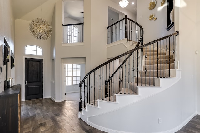 foyer with high vaulted ceiling and dark wood-type flooring