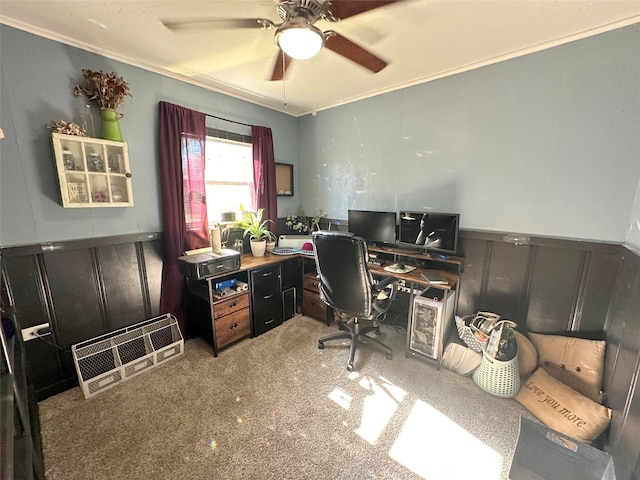 carpeted office featuring ceiling fan and ornamental molding