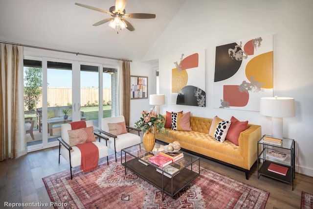 living room featuring french doors, ceiling fan, hardwood / wood-style floors, and lofted ceiling