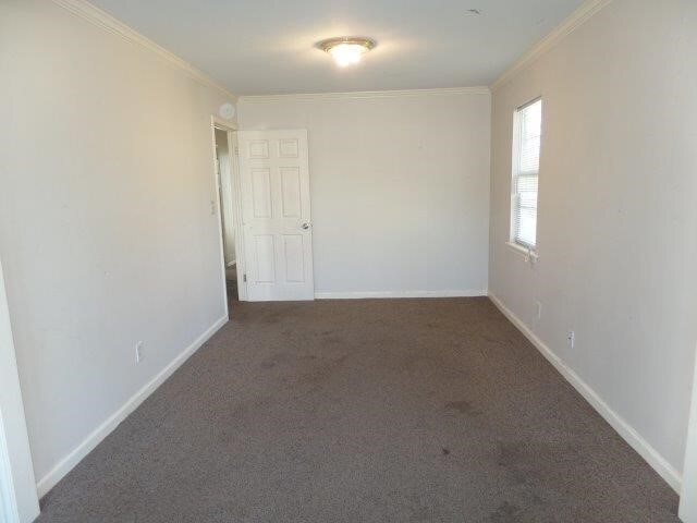 spare room featuring crown molding and dark carpet