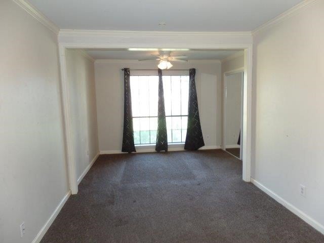 carpeted spare room with ceiling fan and crown molding