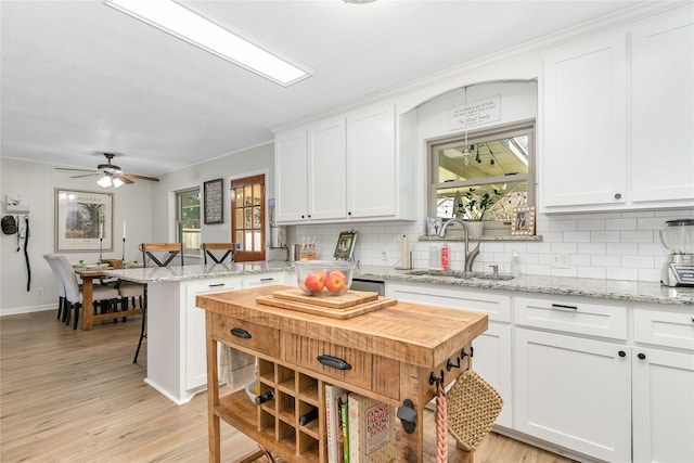 kitchen featuring white cabinets, plenty of natural light, light wood-type flooring, and sink